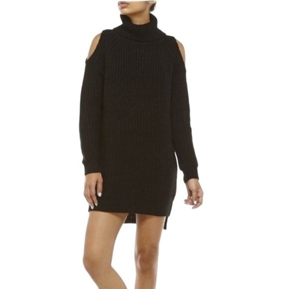 John +‎ Jenn Sweater Dress Women Small Black Cold Shoulder Turtleneck Knit Mini